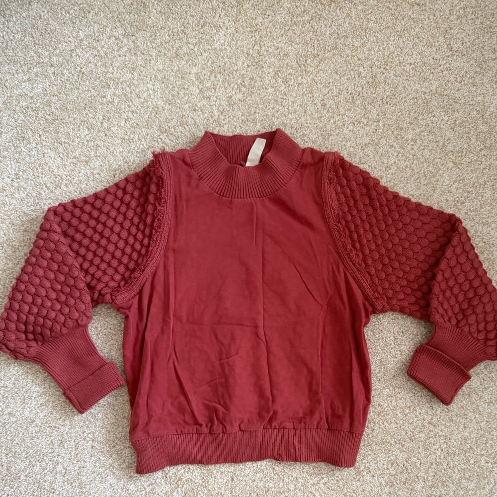 DOLAN Fringe Sweater Red Knit Large Anthropologie Terracotta Statement Sleeves - Picture 7 of 7